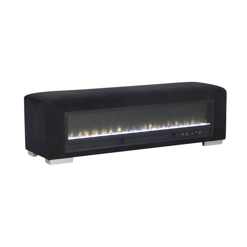 Furniture of America Goffney Chenille Bench with Fireplace Simulator and Bluetooth Audio