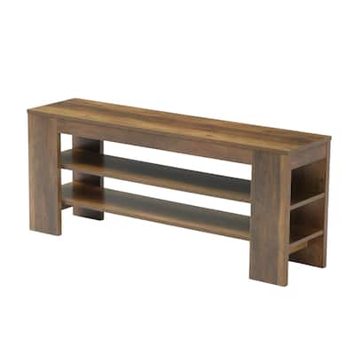 Rustic Brown Wood 3-Tier Shoe Bench with Open Storage, Entryway Bench
