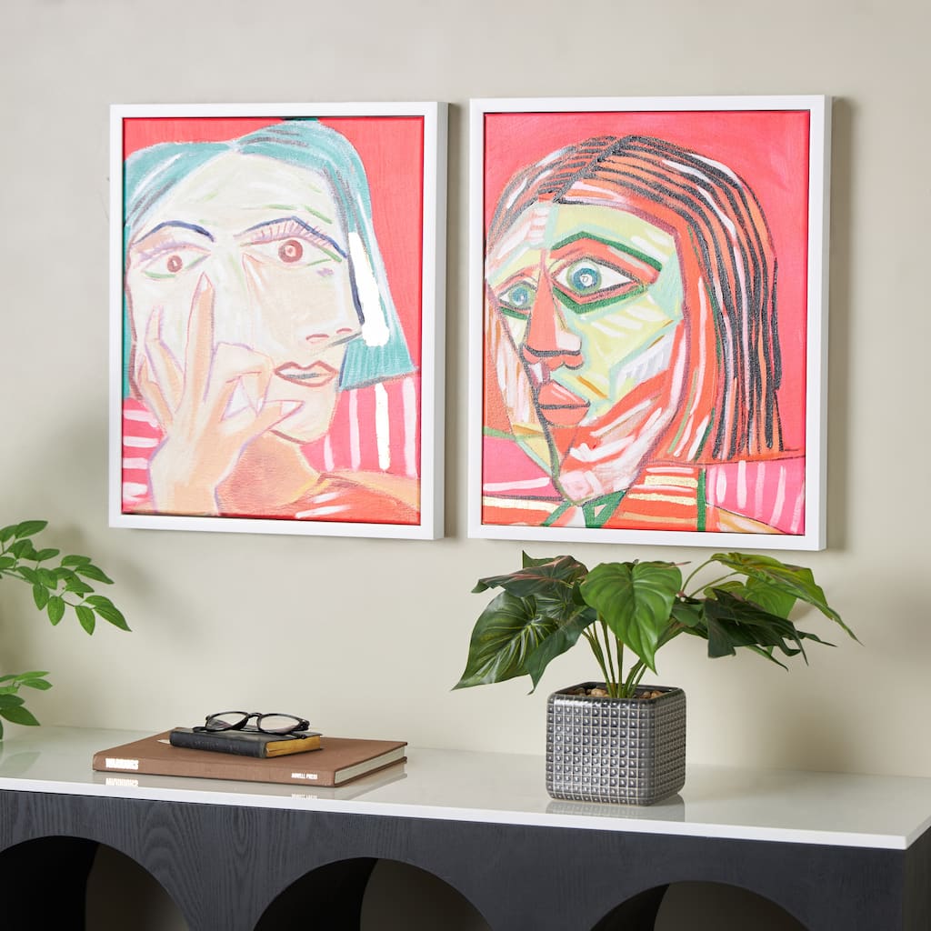 Pink Canvas Face Living Room Framed Wall Art with Teal and Black Accents (Set of 2)