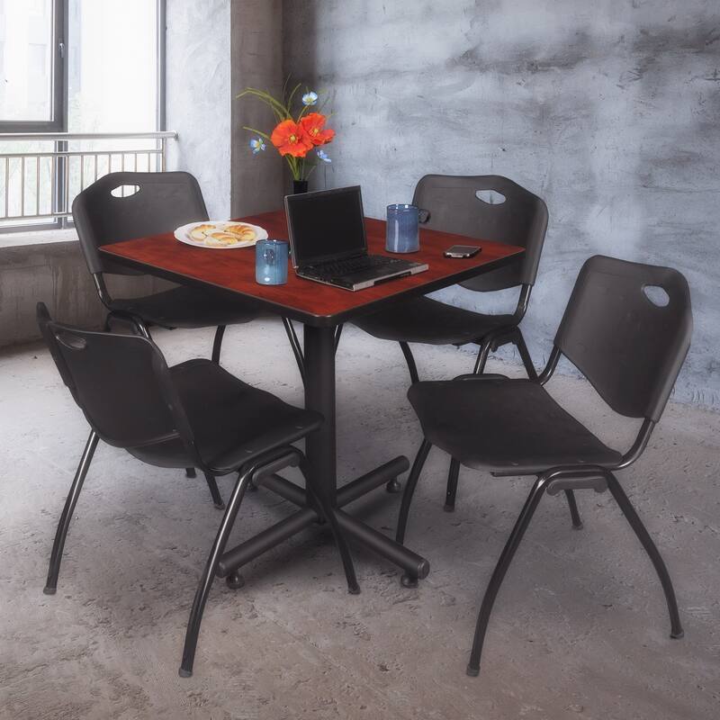 30" Square Breakroom Table- Cherry & 4 'M' Stack Chairs- Black - Black, Cherry - 30