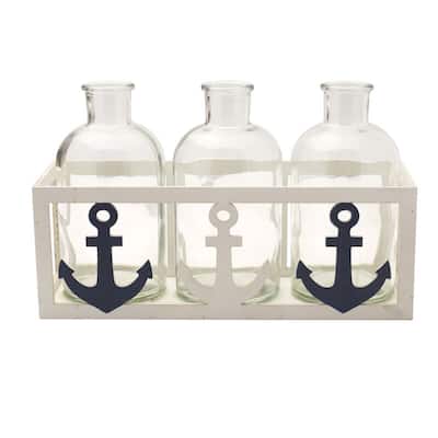 Elements Set of 3 Glass Vases with Nautical Caddy, 11X7 Inch