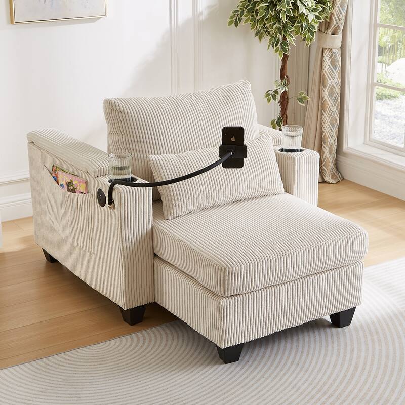 Convertible Chaise Lounge Sofa Chair with USB Ports, Storage 37.4" Corduroy Sleeper Sofa Bed with Adjustable Backrest