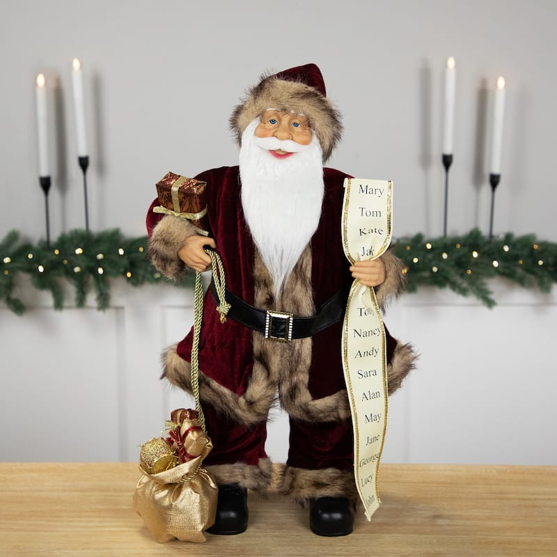 24" Wine Red and Brown Woodland Standing Santa Claus Christmas Figure with Name List
