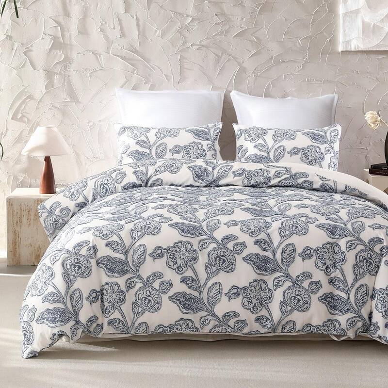 Cotton Clipped Jacquard Jacobean Floral Duvet Cover 3Pcs Set