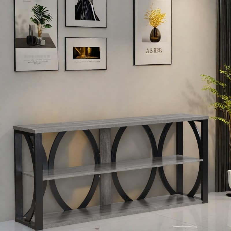 70.87" MDF Round Frame 3-Tier Console Table With Spacious Shelves For Living Room - Black+ Gray