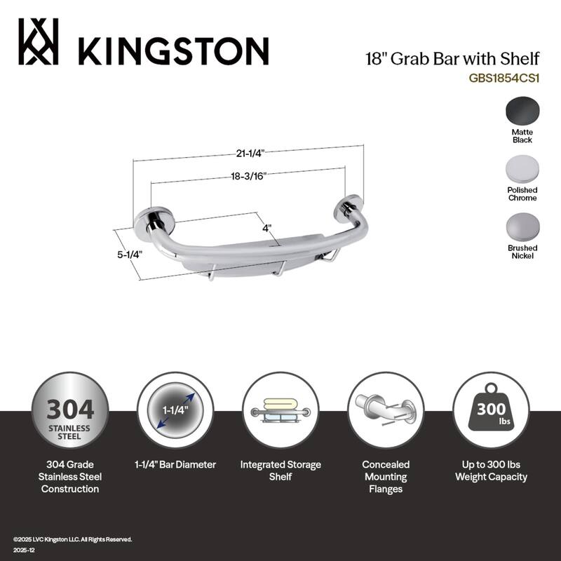 Kingston Brass Meridian 18-Inch Stainless Steel Grab Bar with Shelf