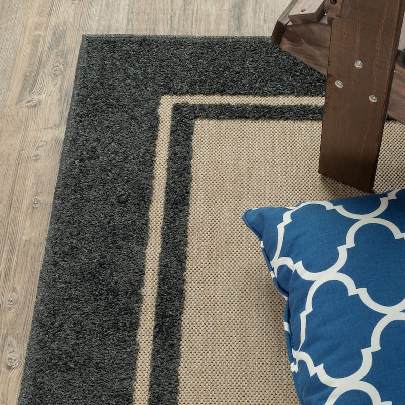 Vista Home Capri Mixed Pile Bordered Black/Tan Indoor-Outdoor Area Rug.