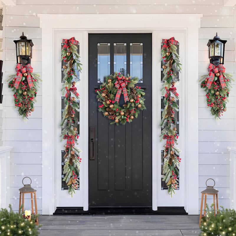 Glitzhome Christmas Bell Pinecone & Berry Bow Wreath Teardrop Garland Wall Decor