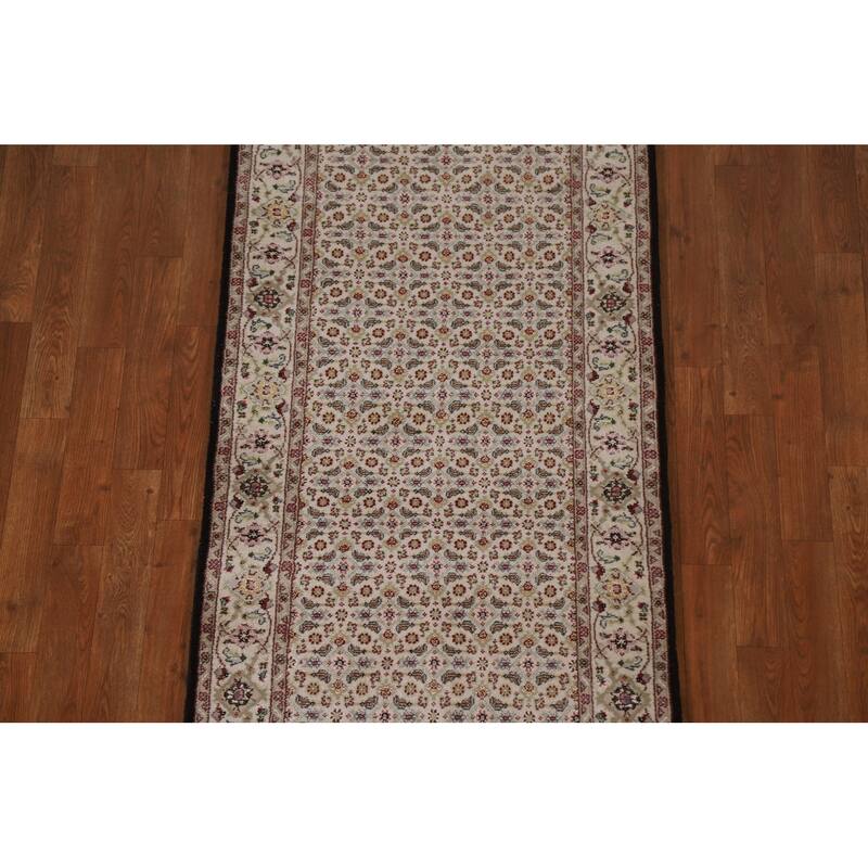 Hand Knotted Oriental Wool & Silk Carpet Traditional Floral Beige & Ivories Tabriz Runner Rug - 20' 4'' X 2' 7''