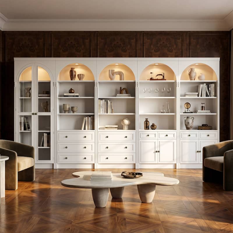 Modular White Bookcase with LED Lights & Glass Doors, 86.6" Tall Arched Display Cabinet Solid WoodStorage Cabinet - 157.5"W(Combo)