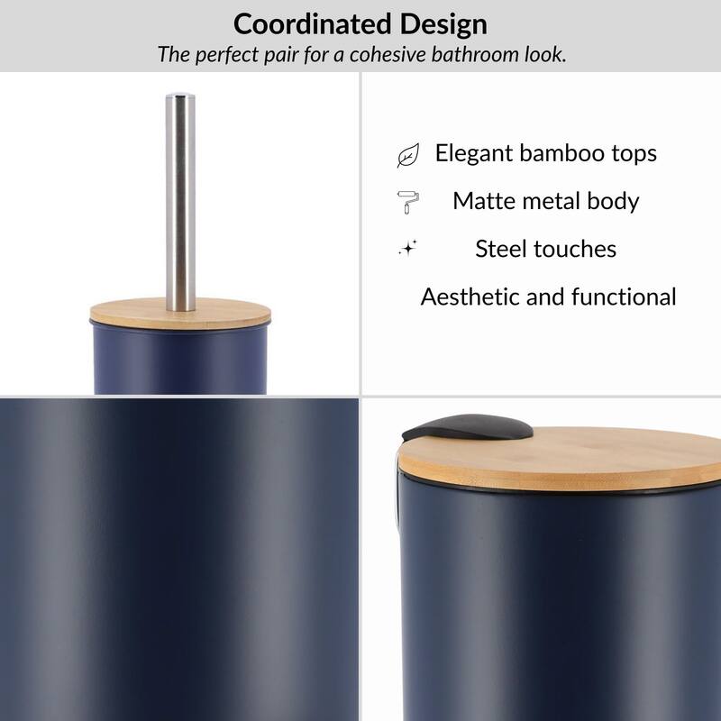 Bathroom Set with Bamboo Lid - Matte Metal Trash Can and Toilet Brush - 15.6" H x 11" L x 11" W