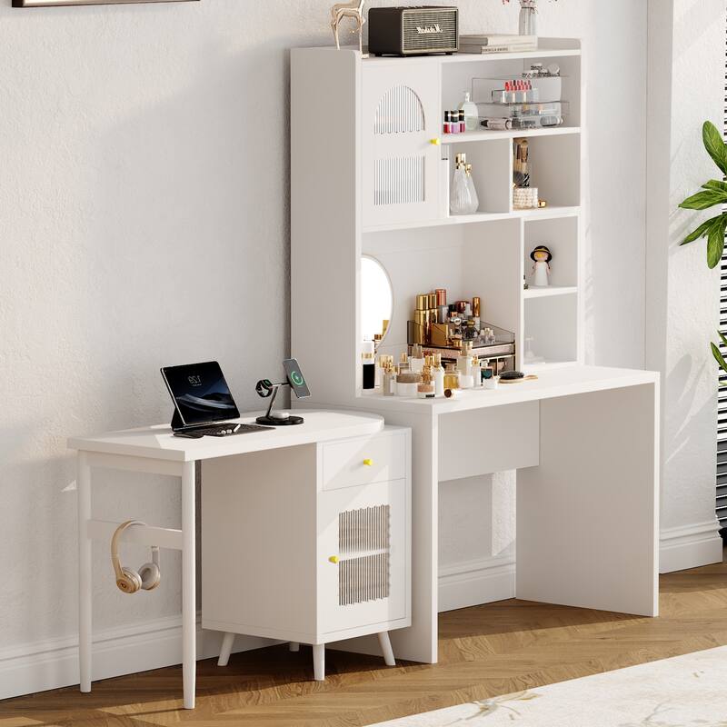 90° Rotating Computer Desk, L Shaped Office Desk Gaming Table Corner Writing Desk with Storage Drawer, Cabinets & Shelves