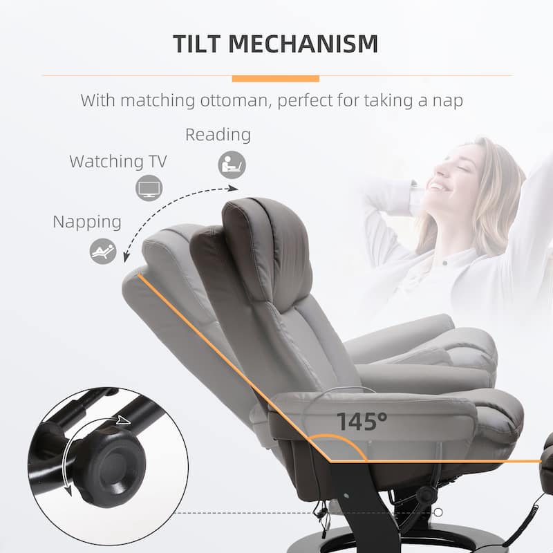 PU Leather Massage Chair with Ottoman, Recline, Swivel and Remote - 33" W x 33" D x 41.75" H