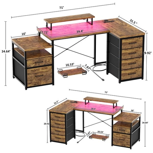 dimension image slide 2 of 4, 71'' L-Shaped Desk with File Drawers, Reversible Computer Desk with Power Outlets and Smart LED Lights