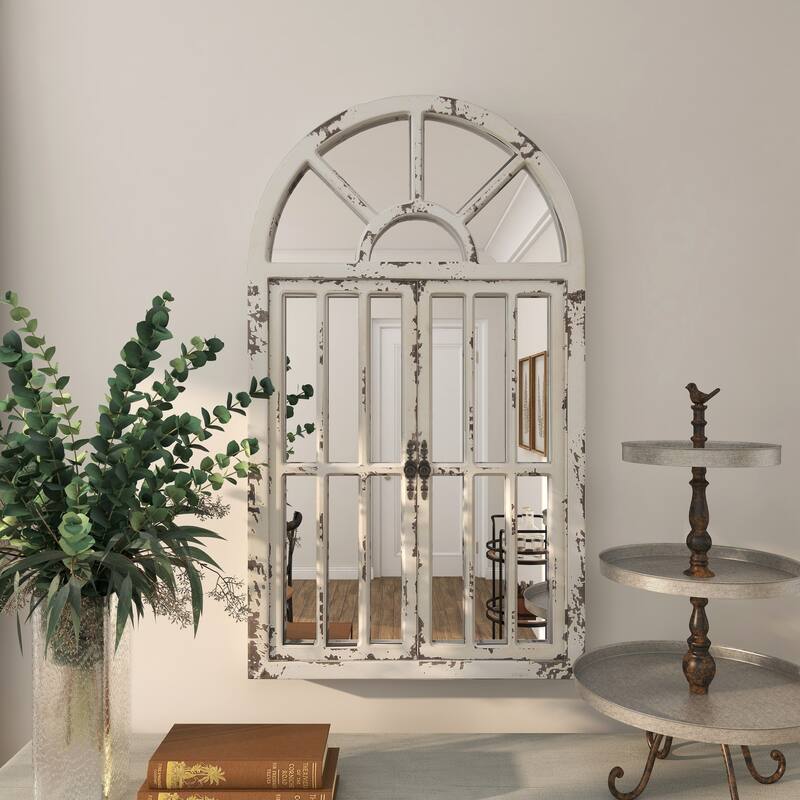 Wood Window Pane Inspired 2 Door Room Wall Mirror with Arched Top and Distressing - White - Roche River Decor