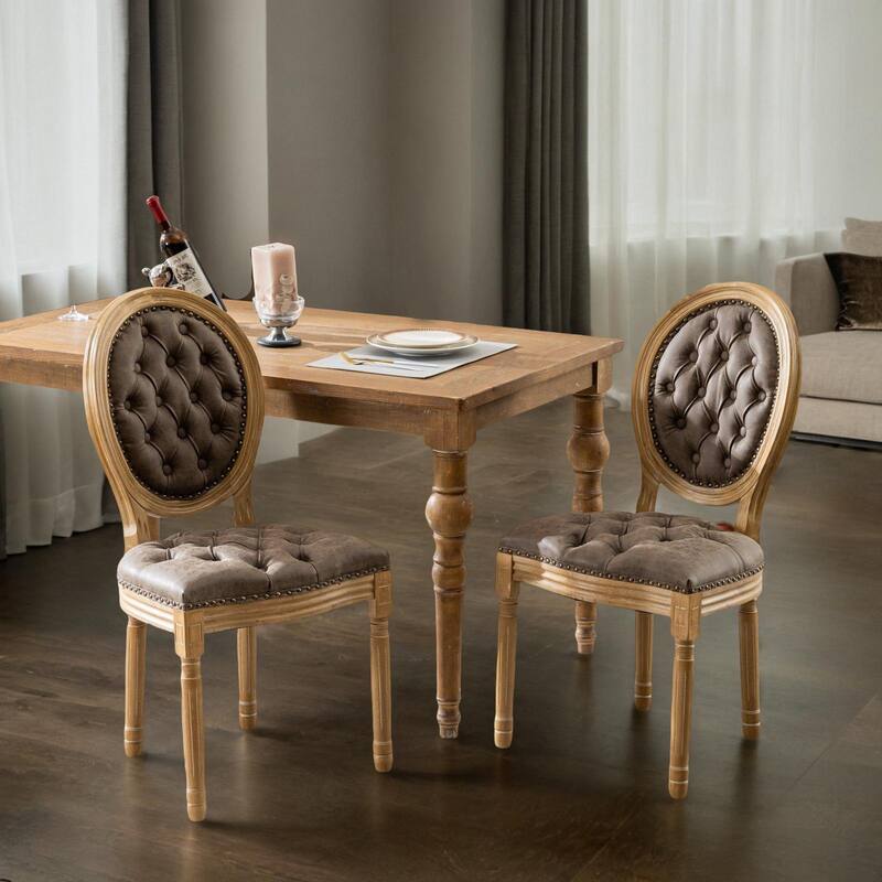 French Style Solid Wood Frame Antique Painting,Hand-pulled buckle decoration PU artificial leather Dining Chair Set of 2 - Brown