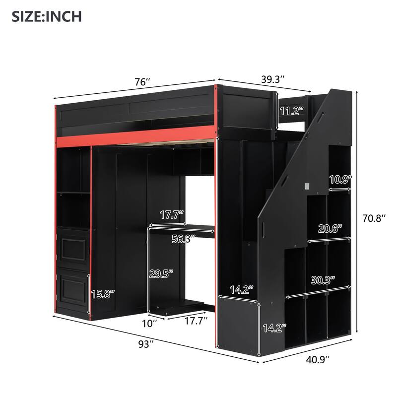 Black Gaming Loft Bed with Wardrobe, Desk, LED Lights, Cabinets and Storage Stairs