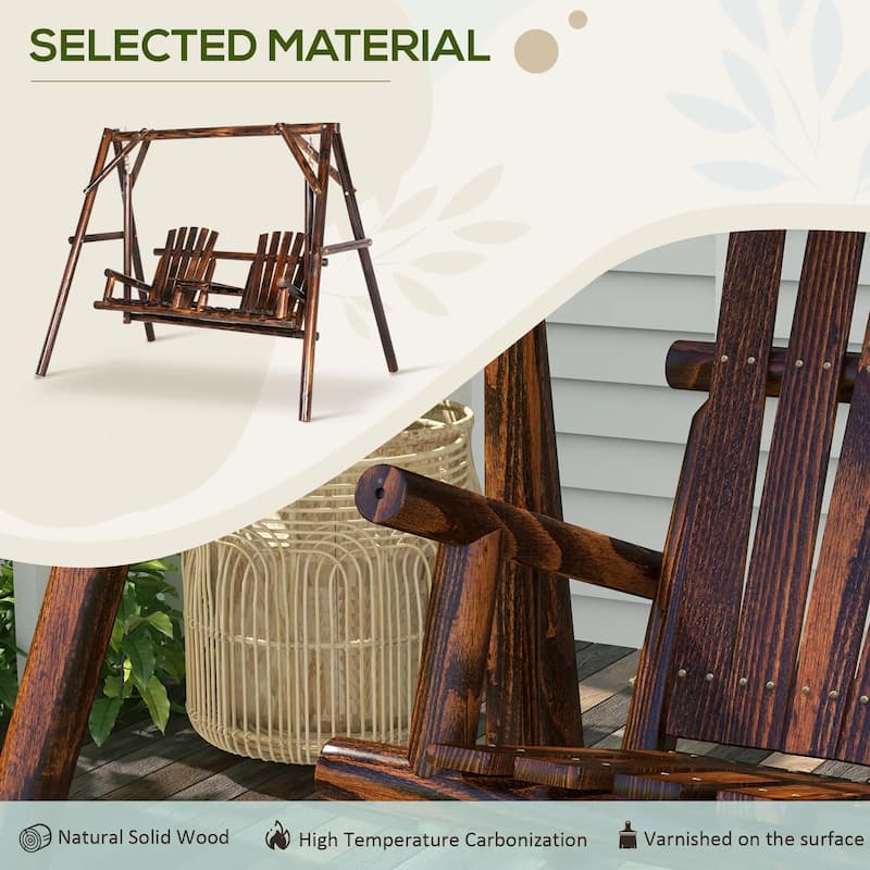 Wooden Porch Swing with Stand, 2-Seat Patio Swing Chair with Table