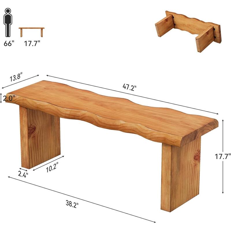 47" Solid Wood Bench, Farmhouse Entryway/Dining Bench for Bedroom, Mudroom - 47.2" W x 13.8" D x 17.7" H