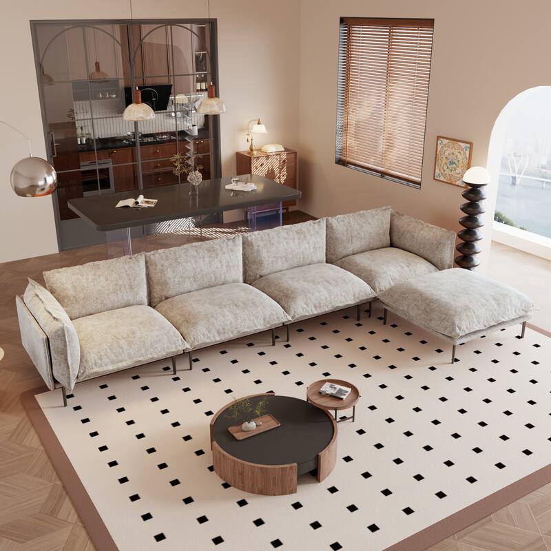 147" L-Shaped Chenille Comfy Sectional Couches for Living Room 4-Seater Cloud Couches with Movable Ottomans - Khaki