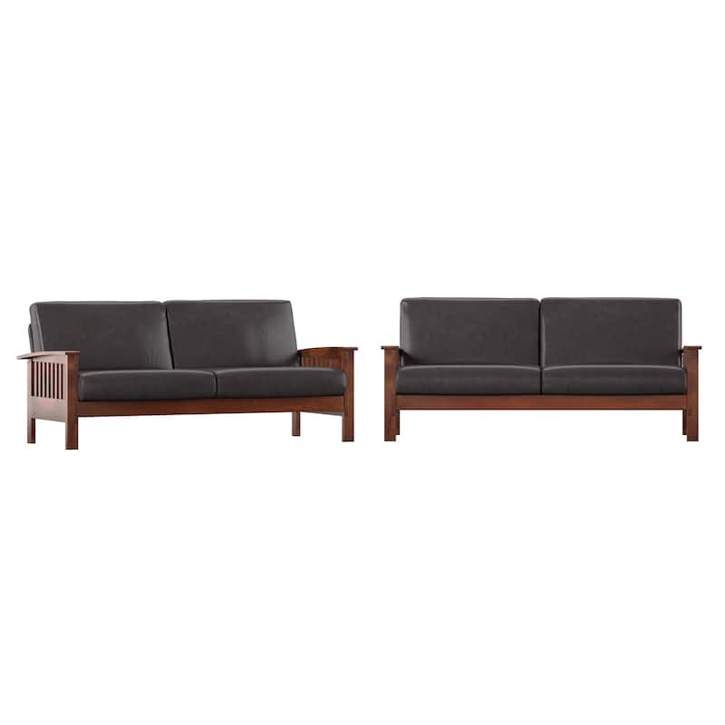 Sigulda Mission-Style Wood Sofa - Dark Brown Faux Leather