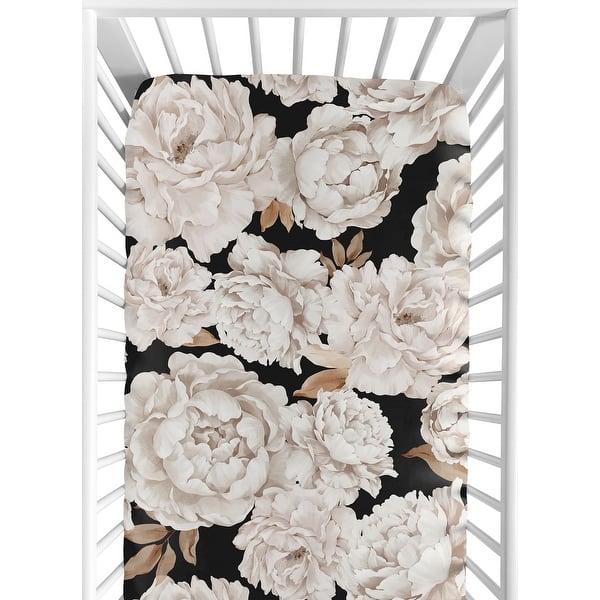 slide 2 of 6, Sweet Jojo Designs Black and Off White Boho Shabby Chic Floral Girl Fitted Crib Sheet Bohemian Vintage Garden Watercolor Flower