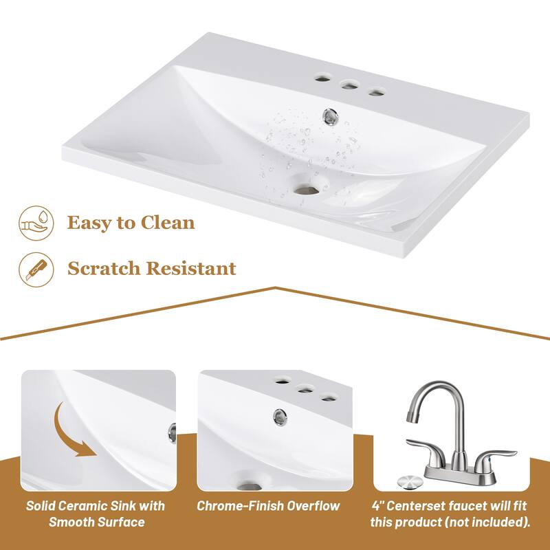 Roomfitters 24" Bathroom Vanity with Sink, Storage Cabinet with Drawer, Open Shelf, Solid Wood Frame, White