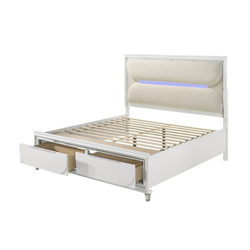 Boucle Upholstered Eastern King Bed with LED Light in White and Pearl White - Queen