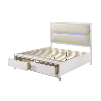 Boucle Upholstered Eastern King Bed with LED Light in White and Pearl White