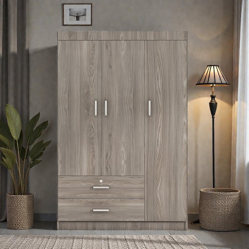 3 Door Wardrobe Closet with 2 Drawers, Modern White Freestanding Armoire Storage Cabinet for Bedroom