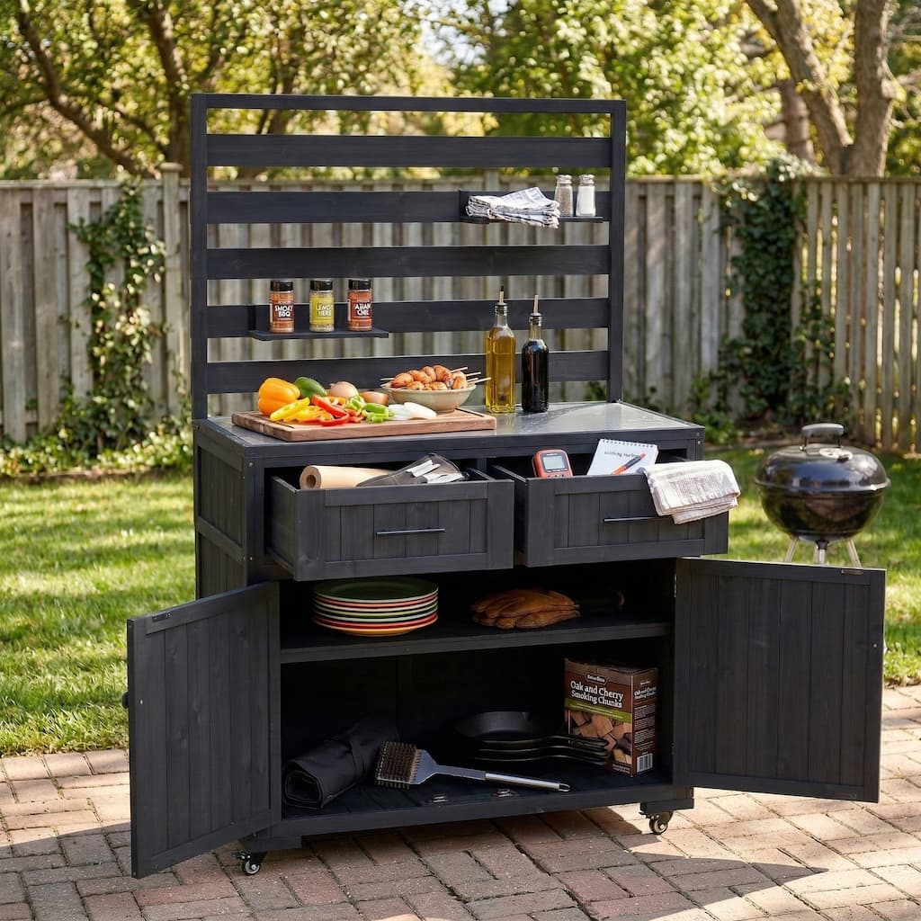 Roomfitters 64.9" Garden Potting Bench with Stainless Steel Top, Rolling Outdoor BBQ Prep Station, Storage Hutch, Drawers