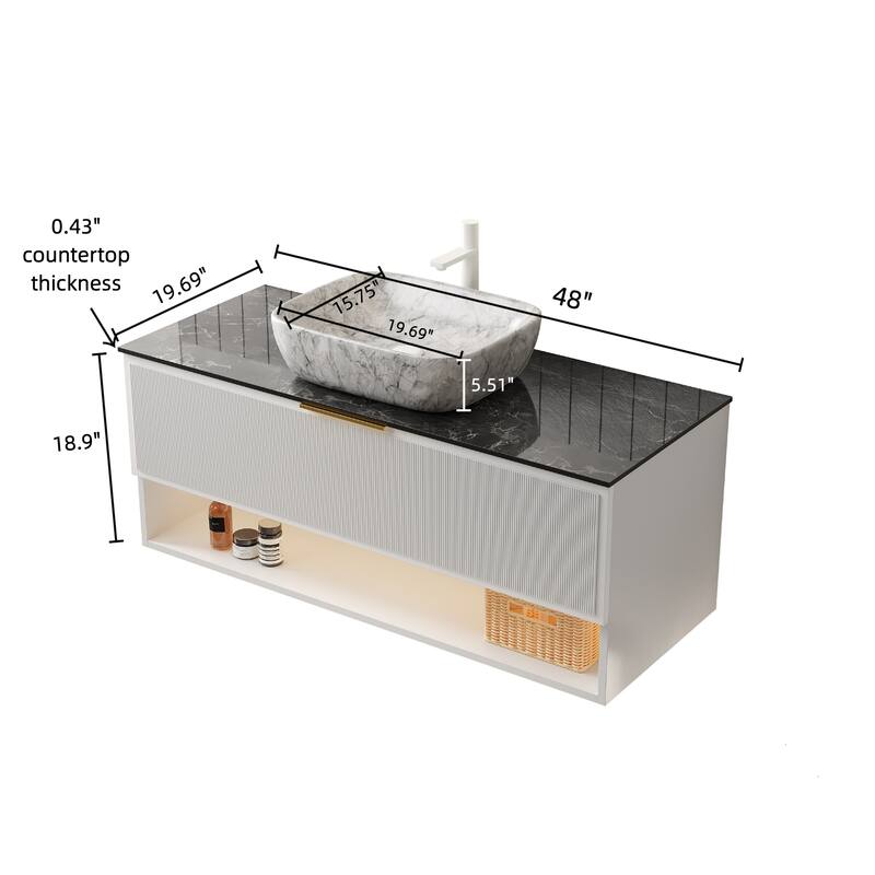 GDFStudio - Malone Modern Floating Bathroom Vanity with Pinstripe Drawers, Open Shelf & Marble Ceramic Basin, WITHOUT Faucet