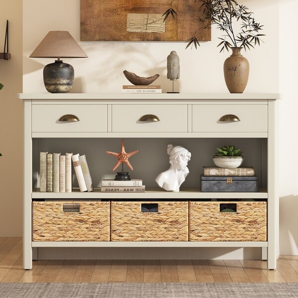 Antique White Console Table Entryway Table w Woven Baskets 3 Drawers Bed Bath Beyond 42135477
