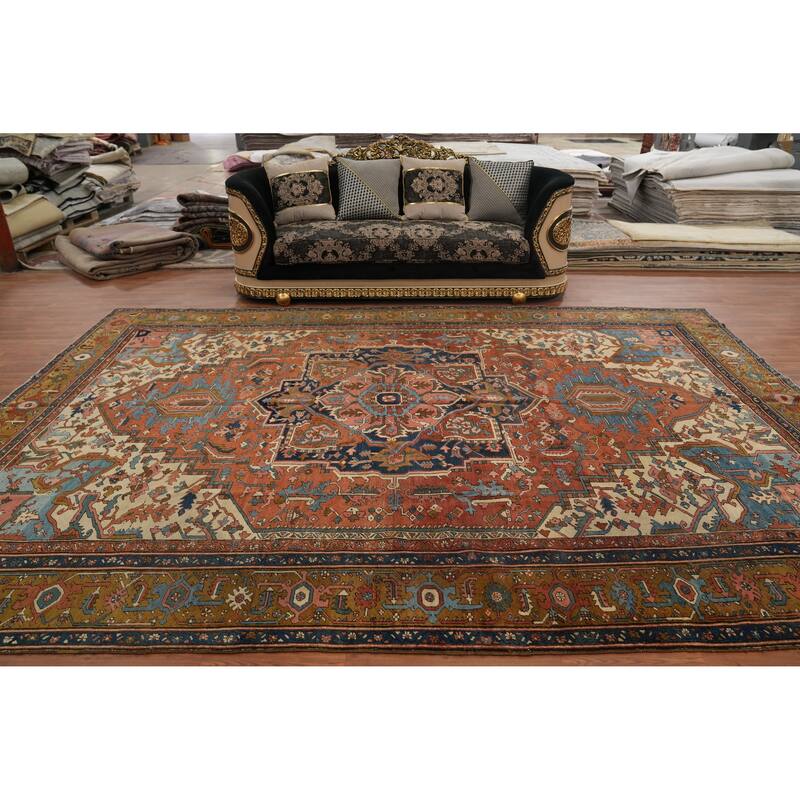 Hand Knotted Oriental 100% Wool Carpet Traditional Medallion Oranges & Rust Heriz (serapi) Area Rug - 13' 8'' X 10' 0''