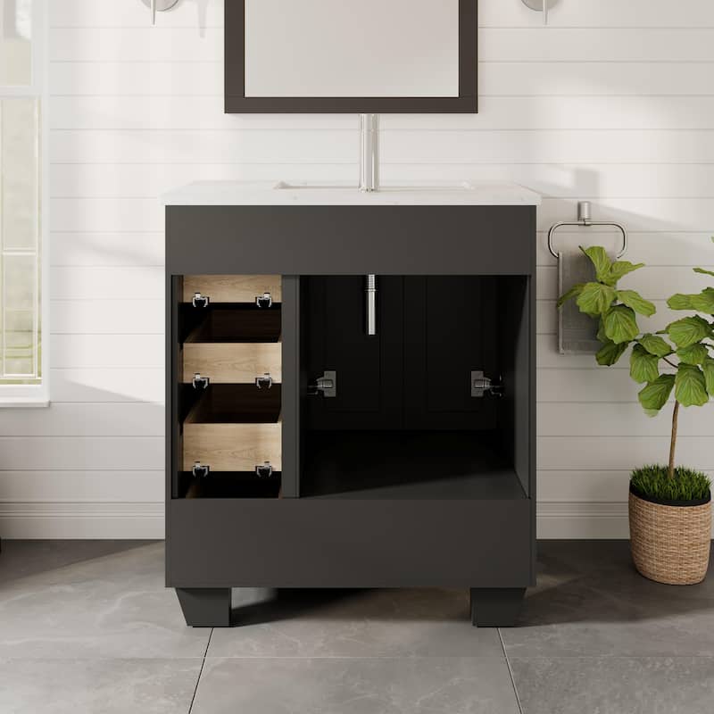 Eviva Happy 28"W x 18"D Espresso Bathroom Vanity with White Carrara Quartz Vanity Top and Rectangular Undermount Sink
