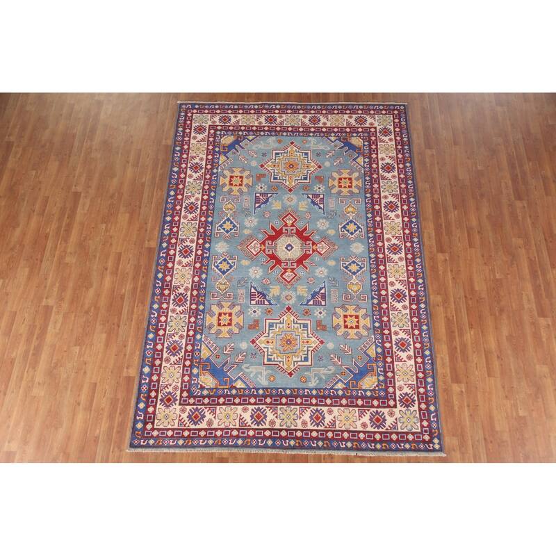 Hand Knotted Oriental 100% Wool Carpet Traditional Geometric Navy Blue & Blues Kazak Area Rug - 9' 8'' X 6' 7''