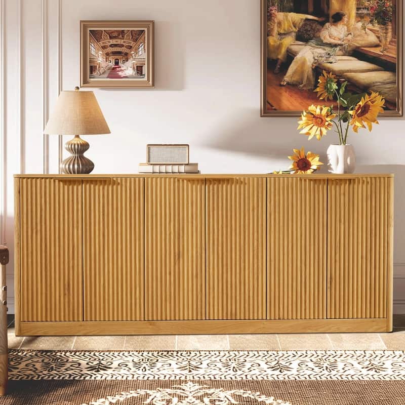 Modern 67" Fluted Buffet Sideboard Cabinet with Shelves, TV Stand Storage Cabinet with 4 Wave Doors for Organized Living Spaces