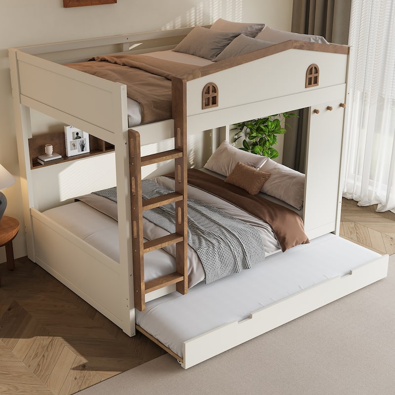 House-shaped Bunk Bed with Hooks, Storage Shelves, Safety Guardrails and Optional with Underbed Drawers or Trundle Bed