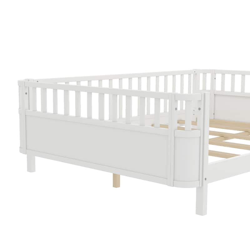 Multi Size Low Platform Bed for Kids with Rounded Corners Guardrails, Detachable Right-side Fence and Open Left-side Design