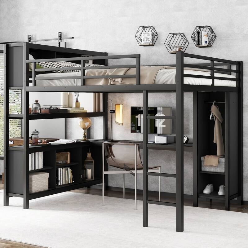 Metal Loft Bed with Wardrobe,L-shaped Desk,Storage Cubes and Shelves - Black