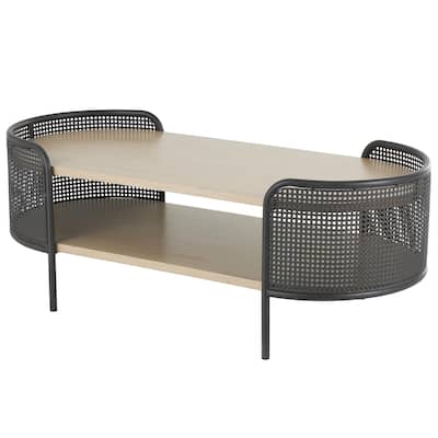 Wooden Oval Two-Toned Coffee Table with Mesh Side Panels and Brown Wood Tabletop - Light Brown - Roche River Decor