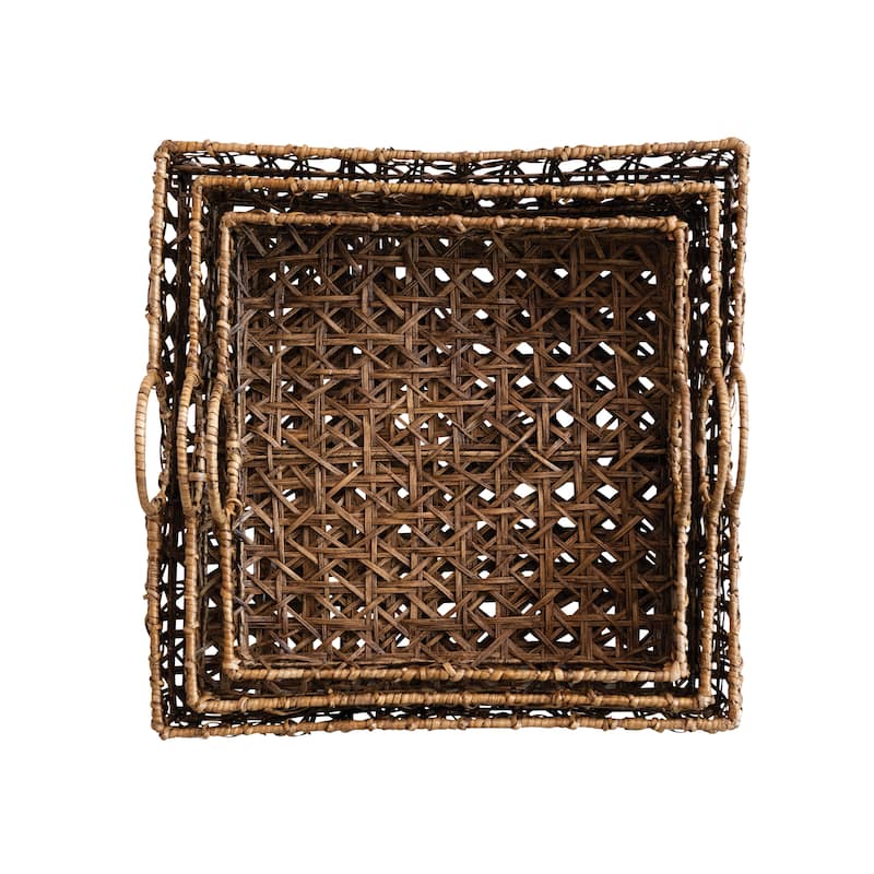 Hand-Woven Rattan Trays with Handles, Set of 3 - 18.0"L x 18.0"W x 5.0"H