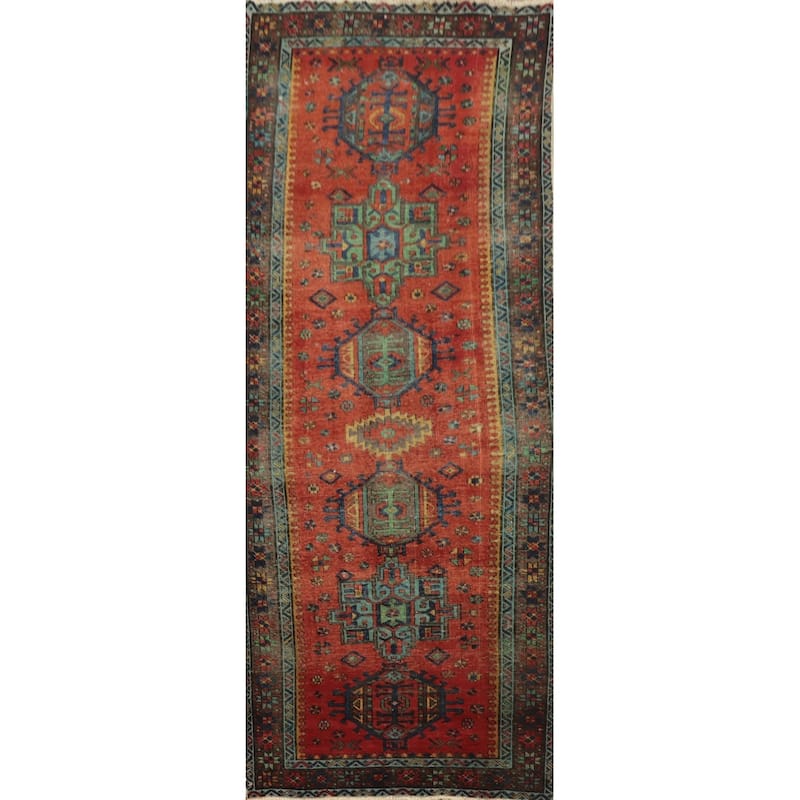 Hand Knotted Oriental 100% Wool Carpet Traditional Geometric Oranges & Rust Heriz Runner Rug - 10' 1'' X 3' 5''