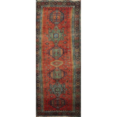 Hand Knotted Oriental 100% Wool Carpet Traditional Geometric Oranges & Rust Heriz Runner Rug - 10' 1'' X 3' 5''