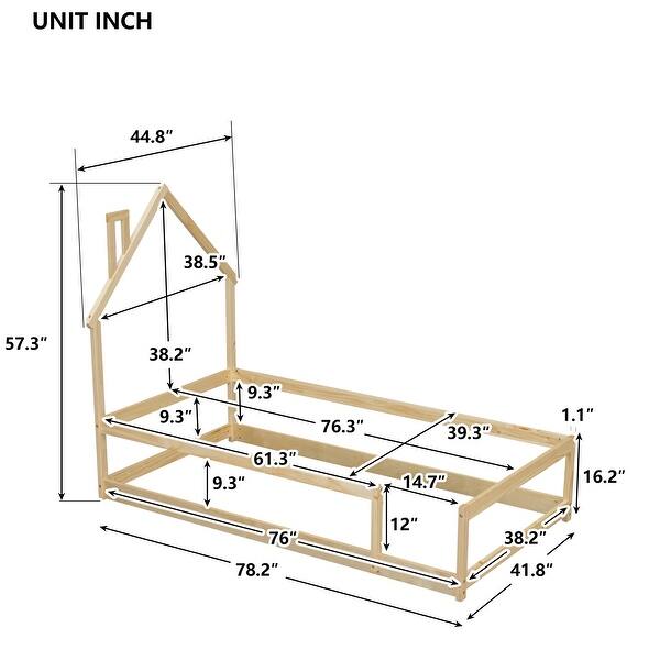 Natural Twin Size Pine Wood Floor bed with House-shaped Headboard and Fences for Bedroom