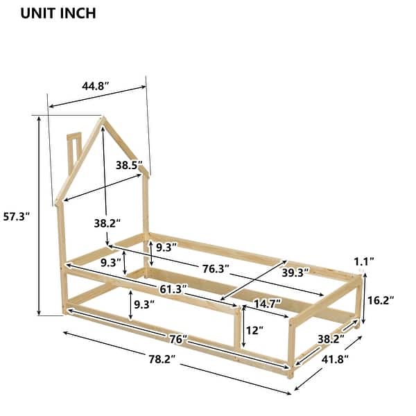 dimension image slide 3 of 5, Twin Size Wood Floor Bed with House-Shaped Headboard and Guardrails, Light Green