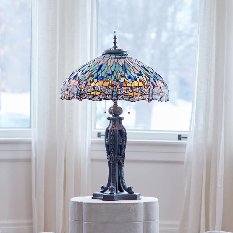 Multi Dragonflies River of Goods Tiffany-Style Multicolored Stained Glass 35-Inch Table Lamp - 22" x 22" x 35"