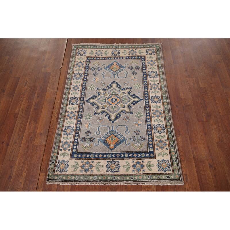 Geometric Kazak Foyer Rug Handmade Grey Wool Carpet - 2'9" x 4'0"