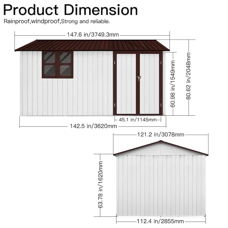 Outdoor 12 x 10 ft. Metal Storage Shed with Window and Vents and Hinged Door and Padlock
