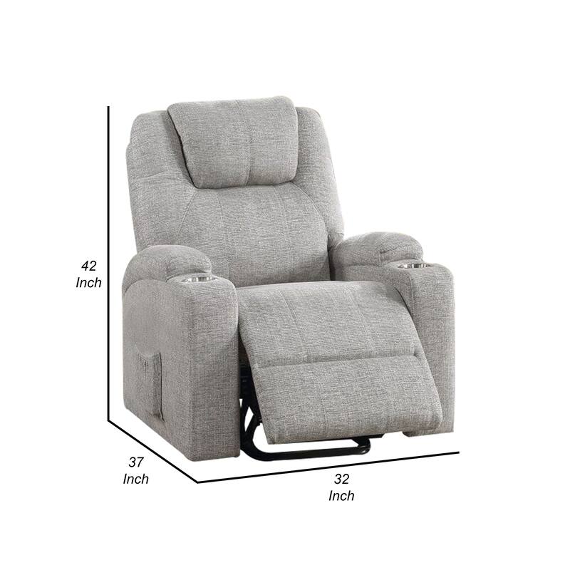 Evans 37 Inch Recliner Chair, Power Lift, Cupholders, Chenille, Light Gray